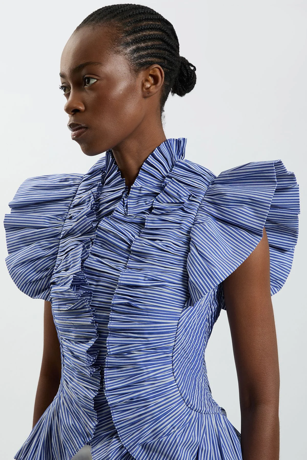 Pleated Stripe Ruffle Sleeve Woven Top - 1