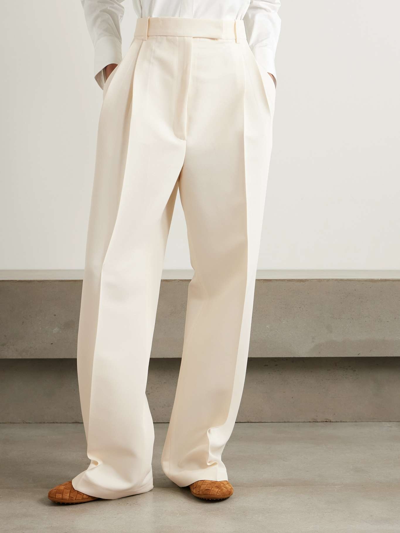 Pleated recycled-twill wide-leg pants Off-white - 3