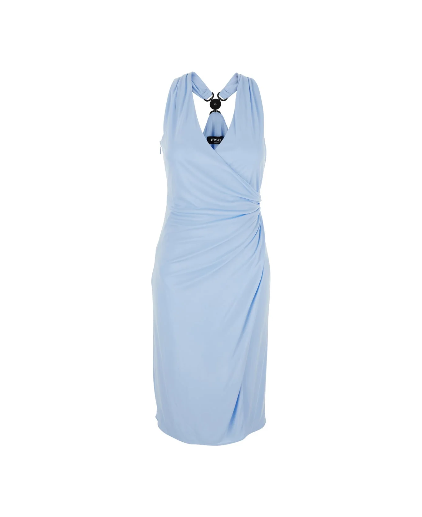 Light Blue Midi Dress With V-neckline In Viscose Woman - 1