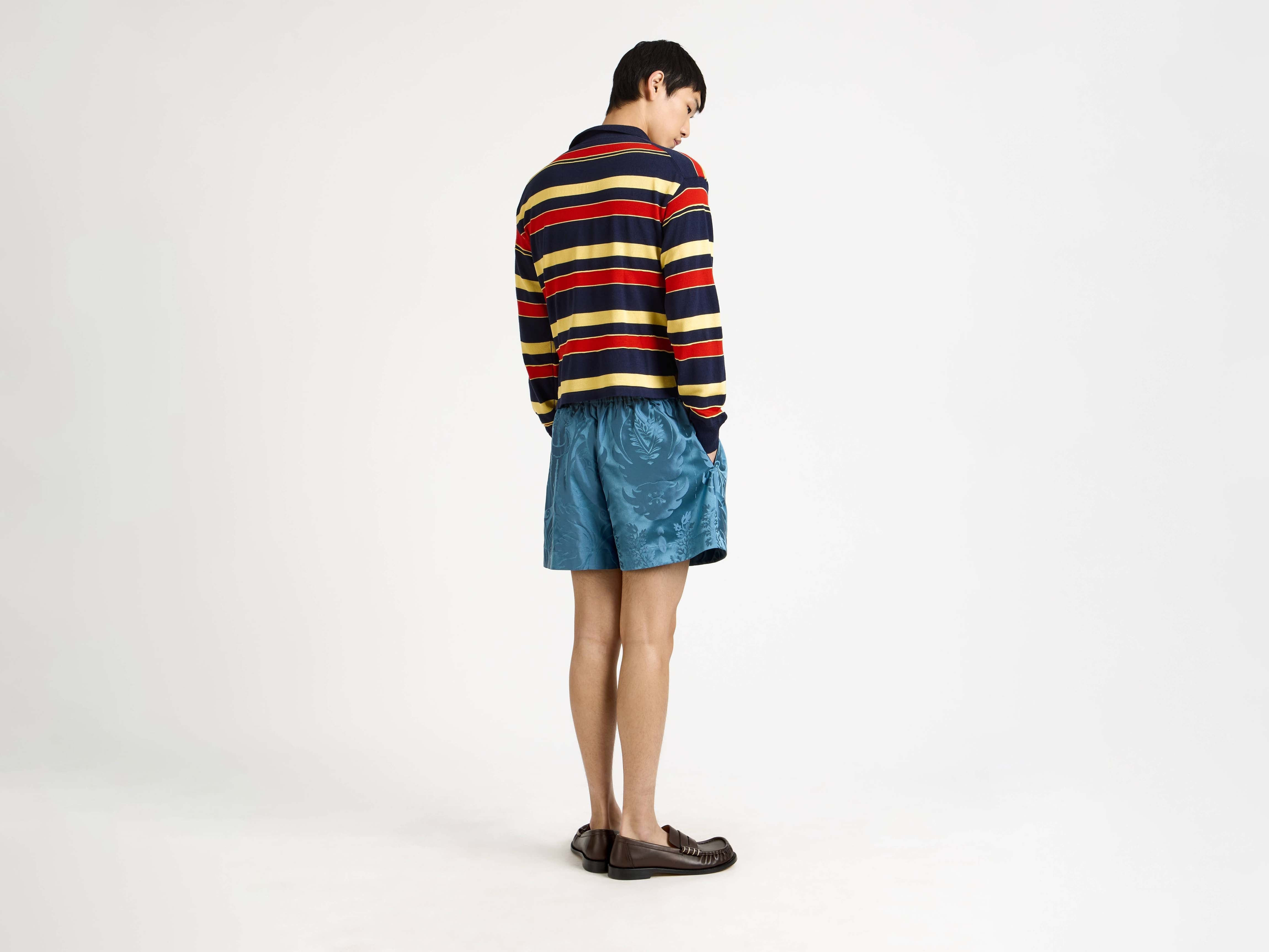 KNITTED STRIPED RUGBY POLO TOP IN NAVY - 3