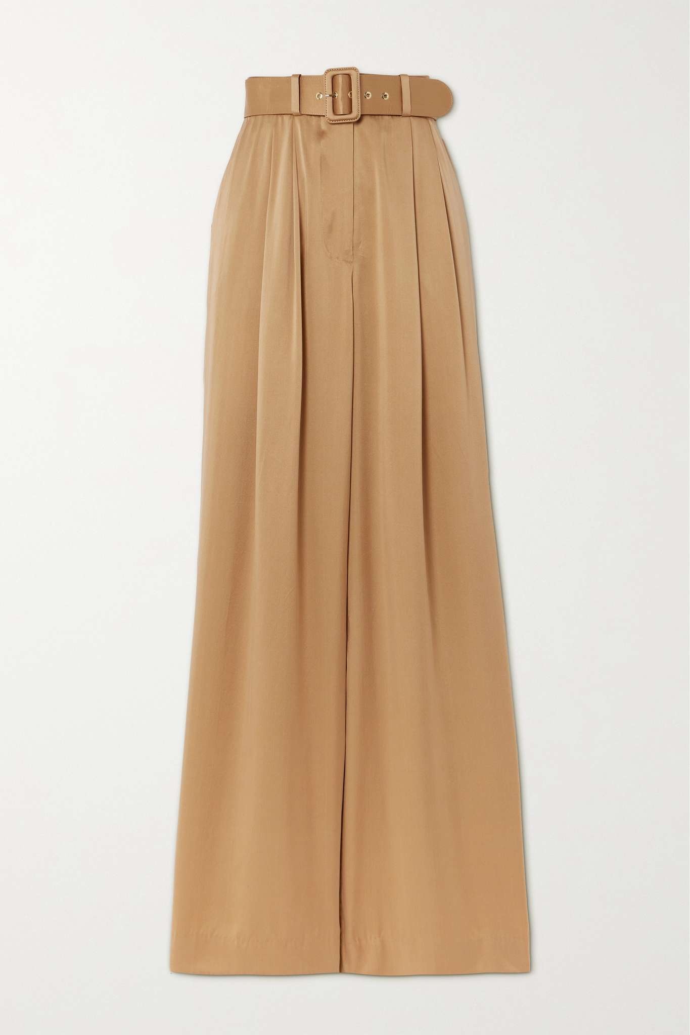 Belted pleated silk-satin wide-leg pants - 1