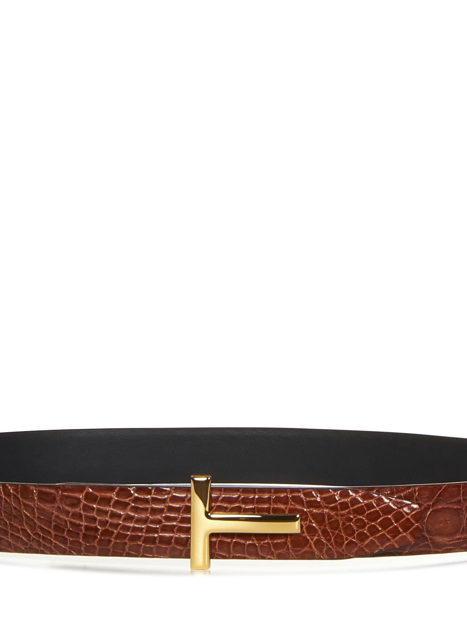 Reversible belt in tan caiman leather and black smooth leather with T-buckle. - 2