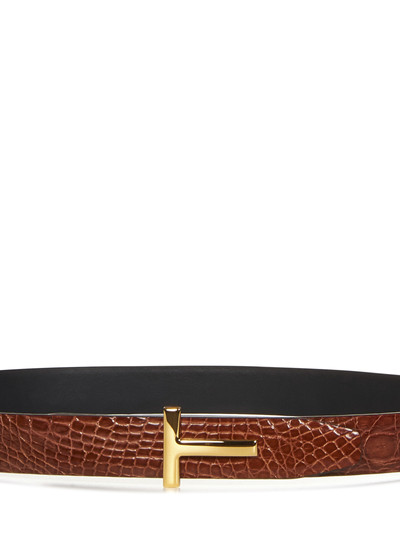TOM FORD Reversible belt in tan caiman leather and black smooth leather with T-buckle. outlook