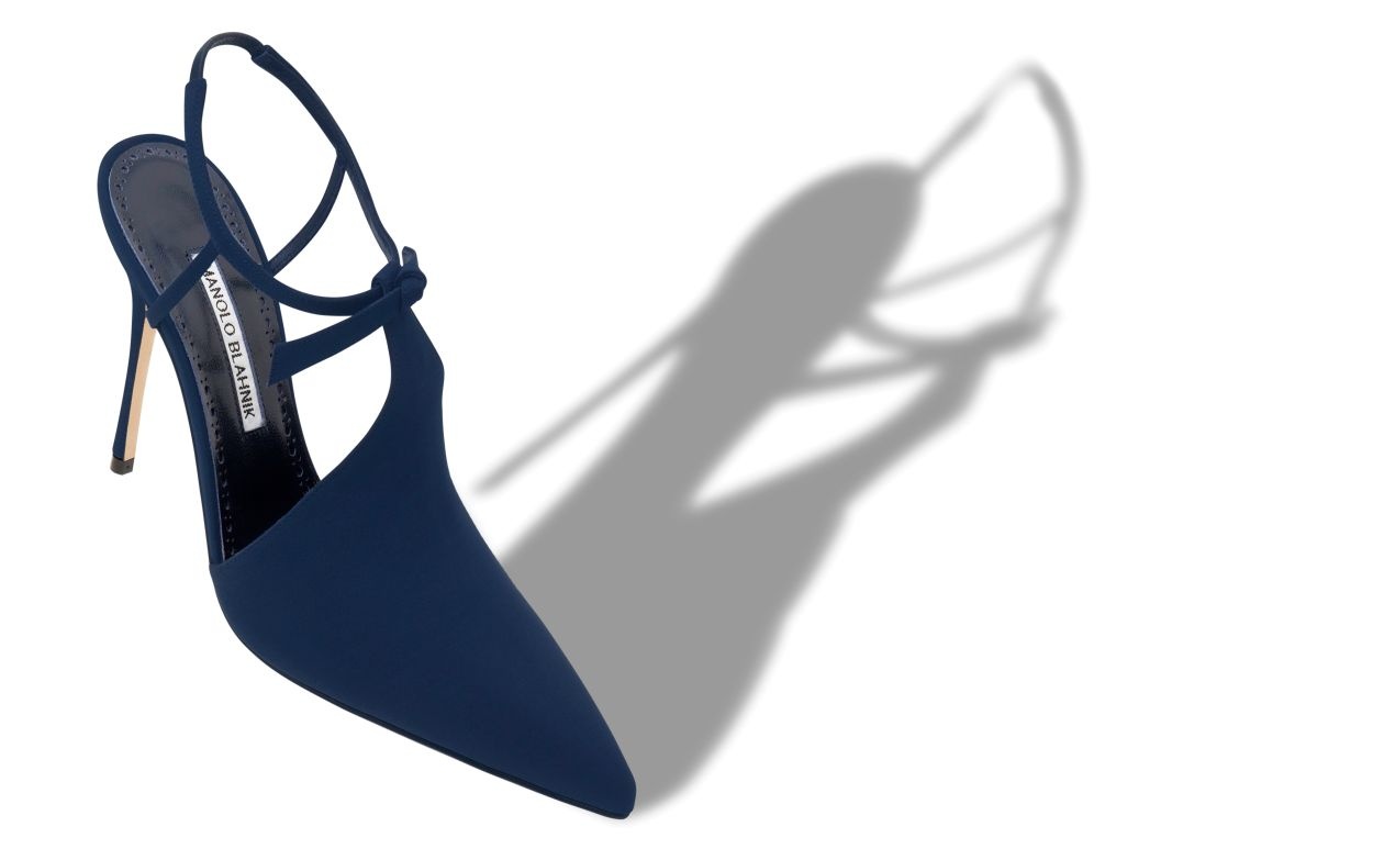 Navy Blue Crepe De Chine Ankle Strap Mules - 2