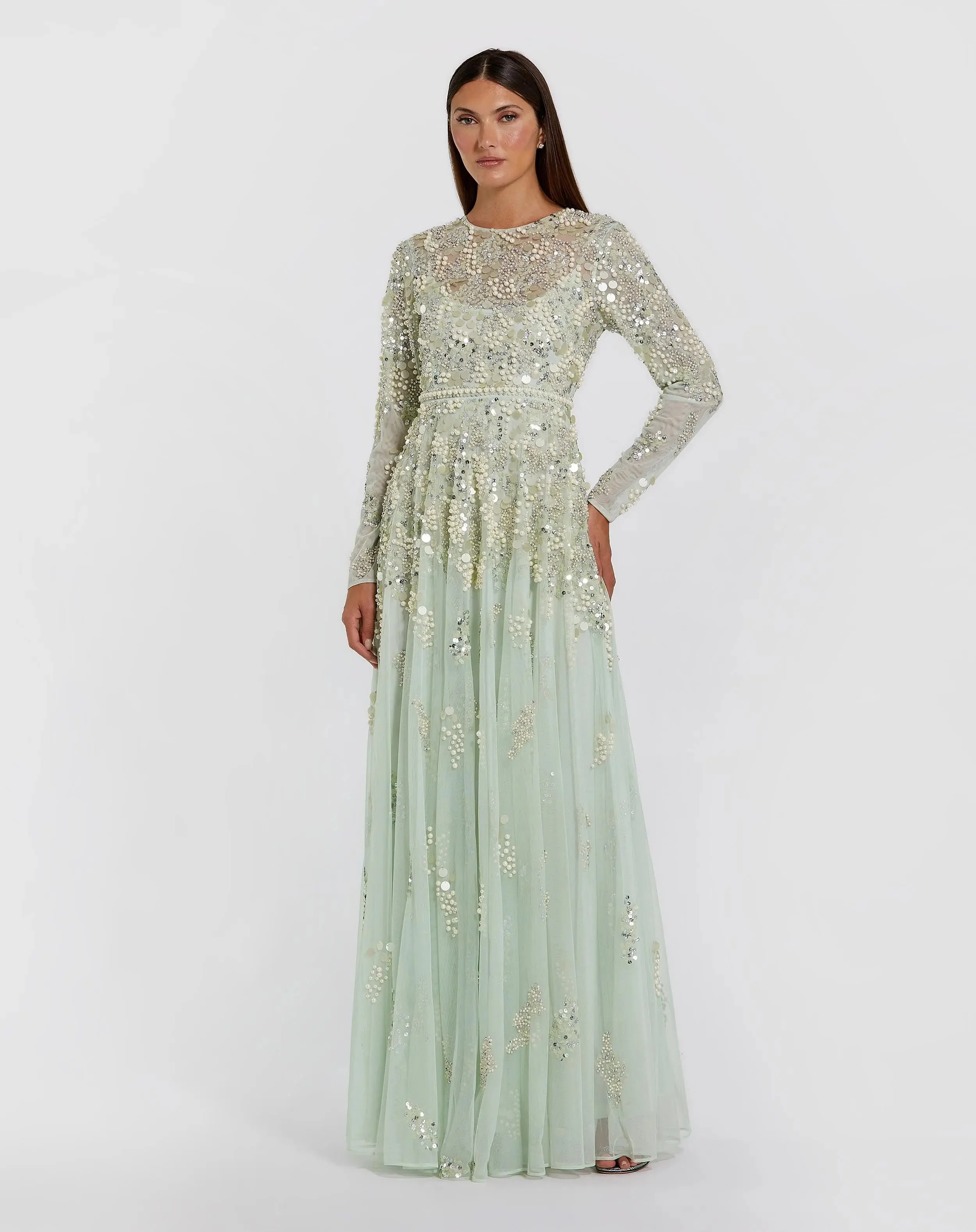 Sage Pearl Embellished Long Sleeve Gown - 1
