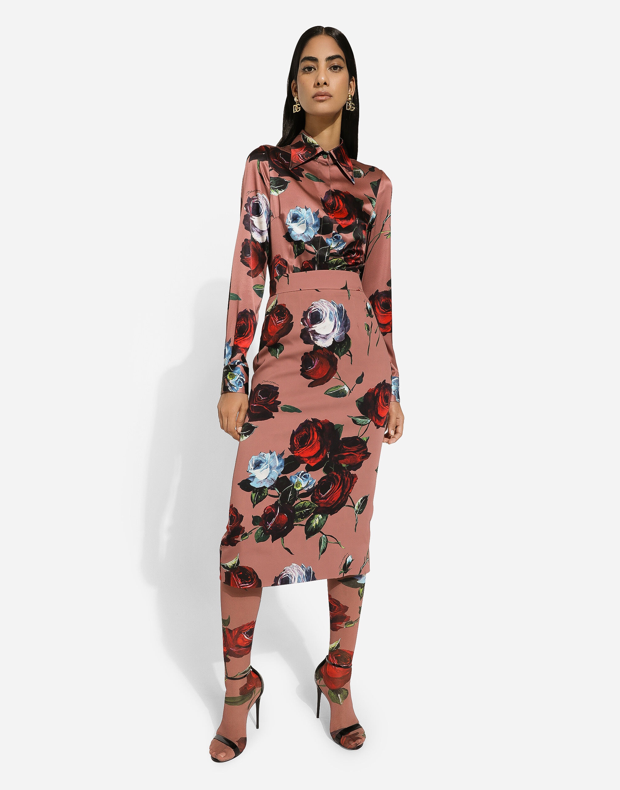 Charmeuse calf-length skirt with vintage rose print - 5