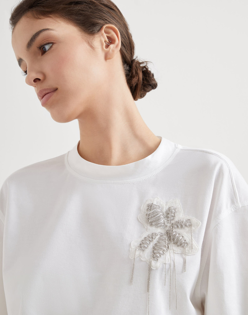 Cotton jersey T-shirt with precious flower crest 3
