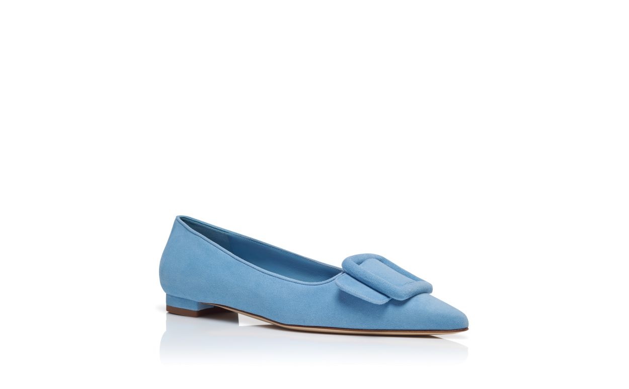 Light Blue Suede Buckle Detail Flat Pumps - 3