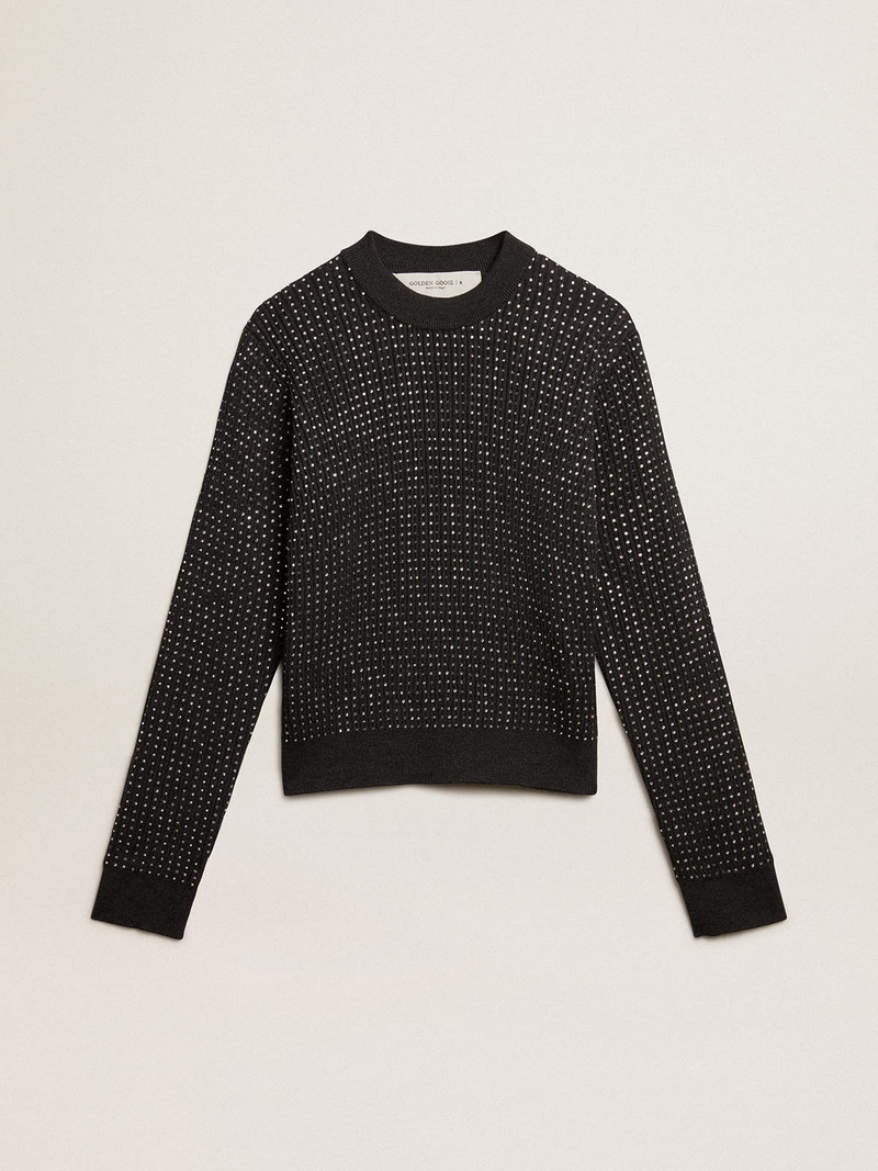 Round-neck sweater in merino wool with all-over crystals - 1