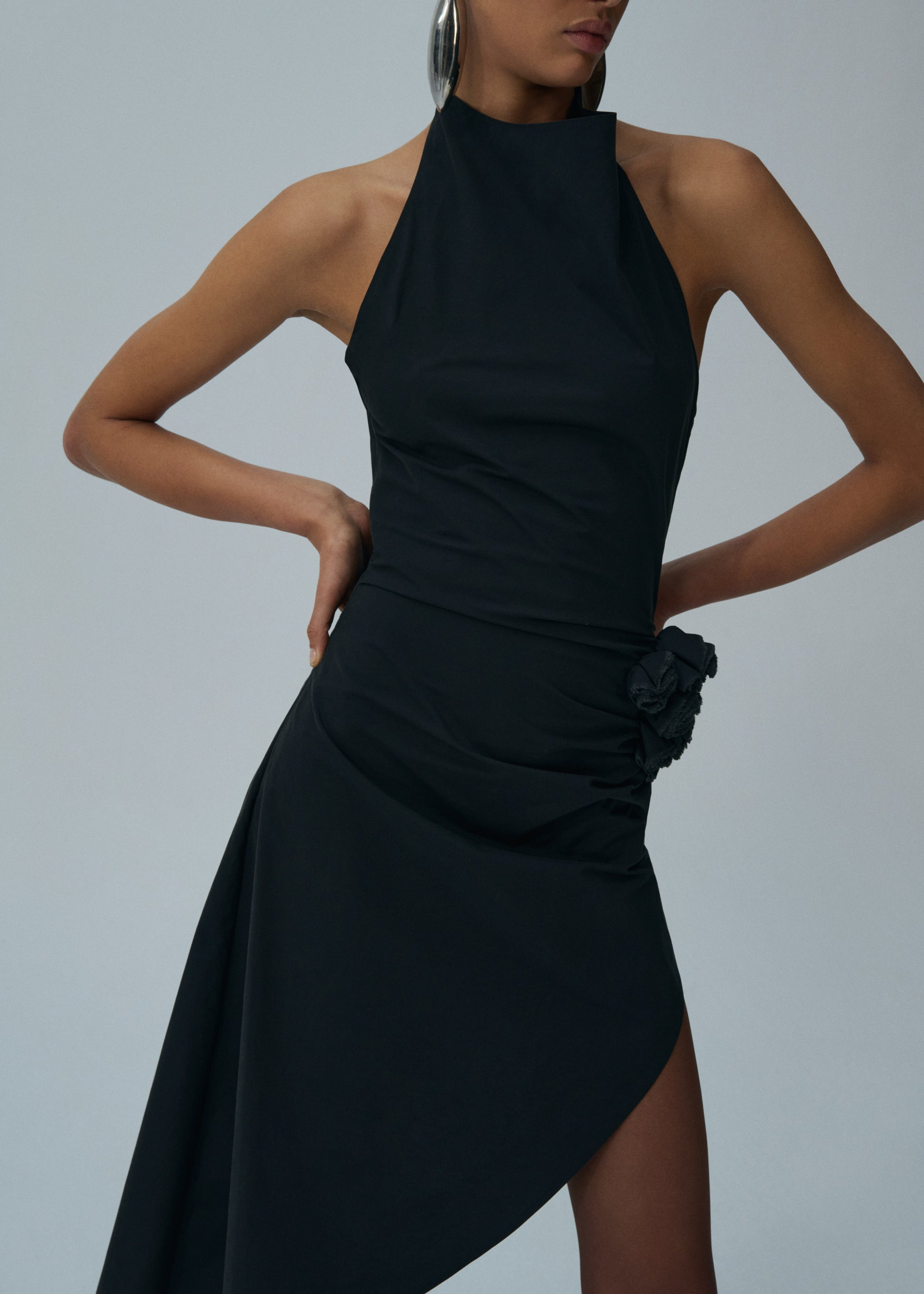 High neck asymmetrical midi dress in black - 4