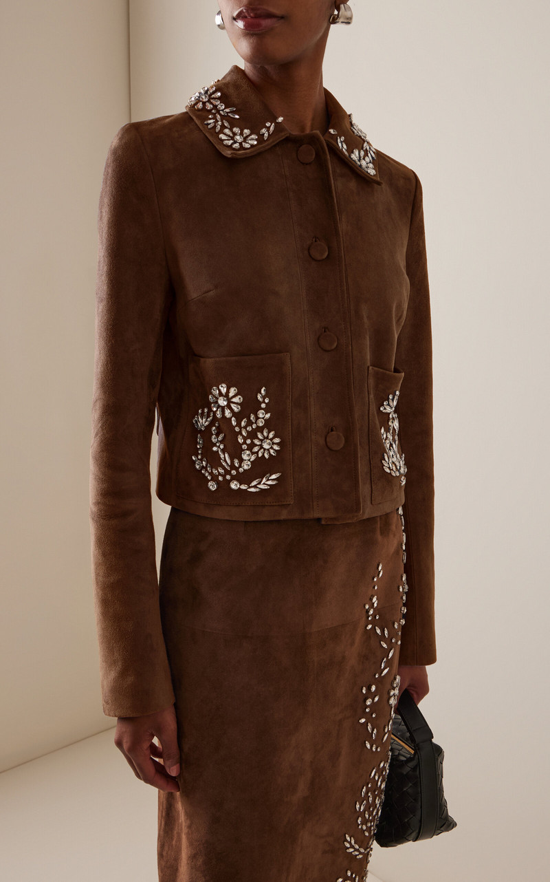 Oscar de la Renta Crystal-Embellished Suede Jacket brown outlook