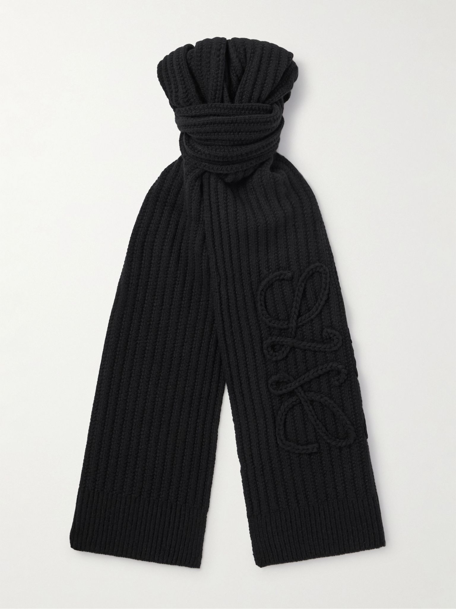 Anagram Embroidered Ribbed Wool Scarf Black - 1