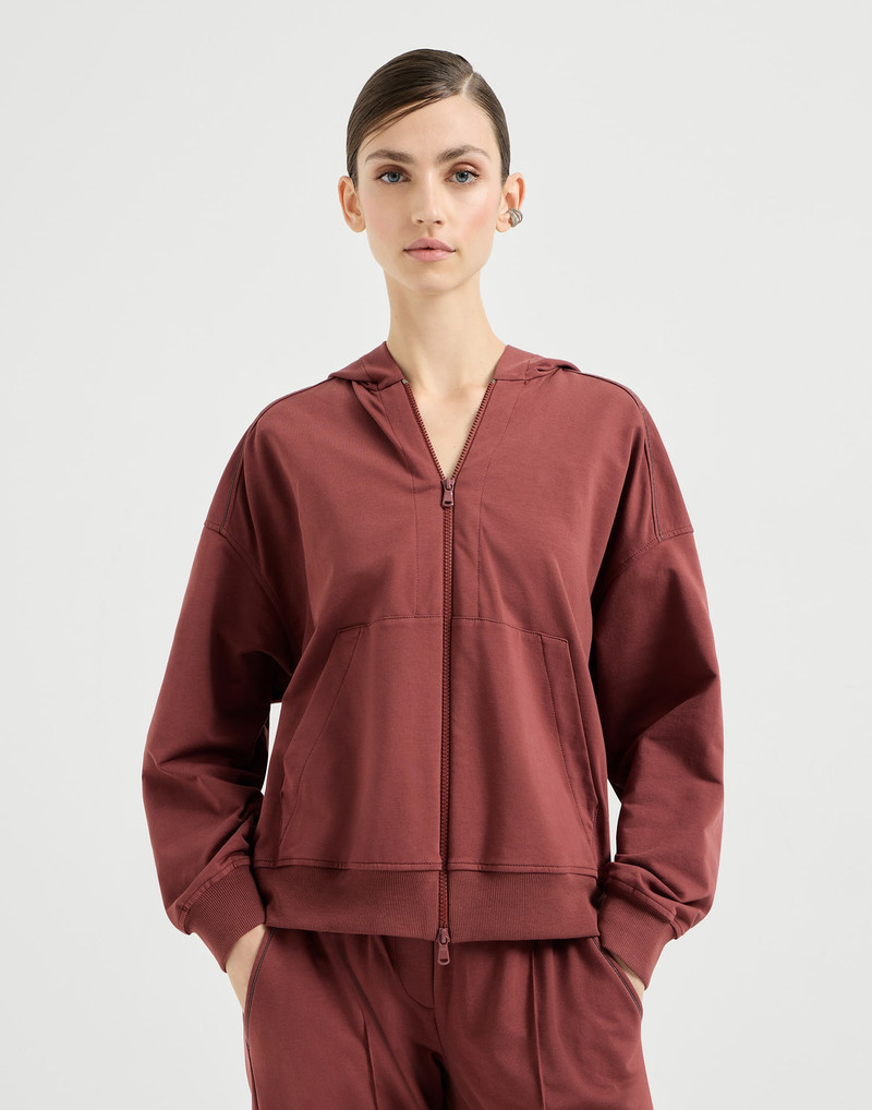 Stretch cotton lightweight French terry hooded sweatshirt with zipper and shiny trims 2
