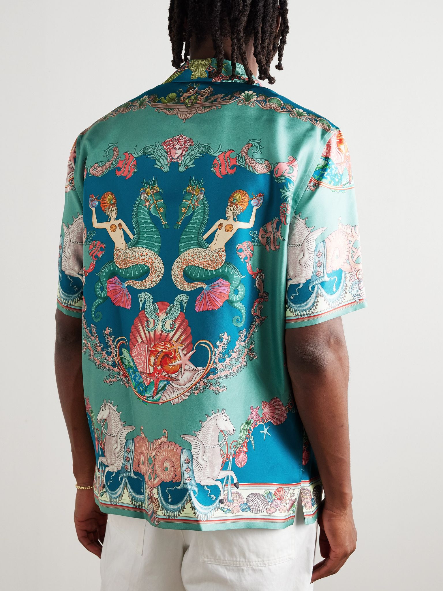 Camp-Collar Printed Silk-Twill Shirt Green - 3