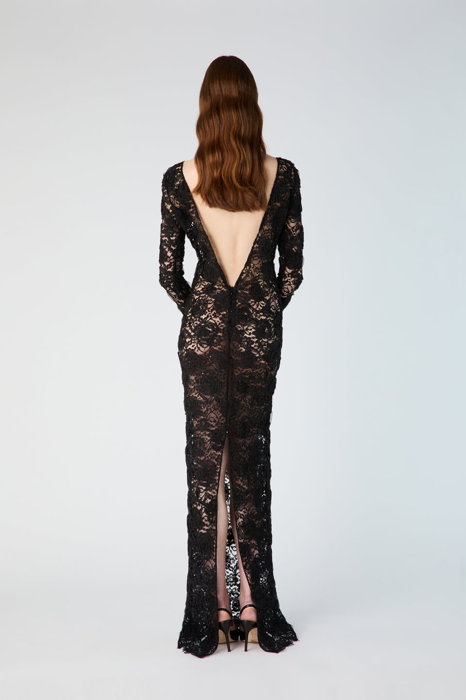 OPEN BACK LACE DRESS WITH SEQUIN, ROSE EMBROIDERY - 5