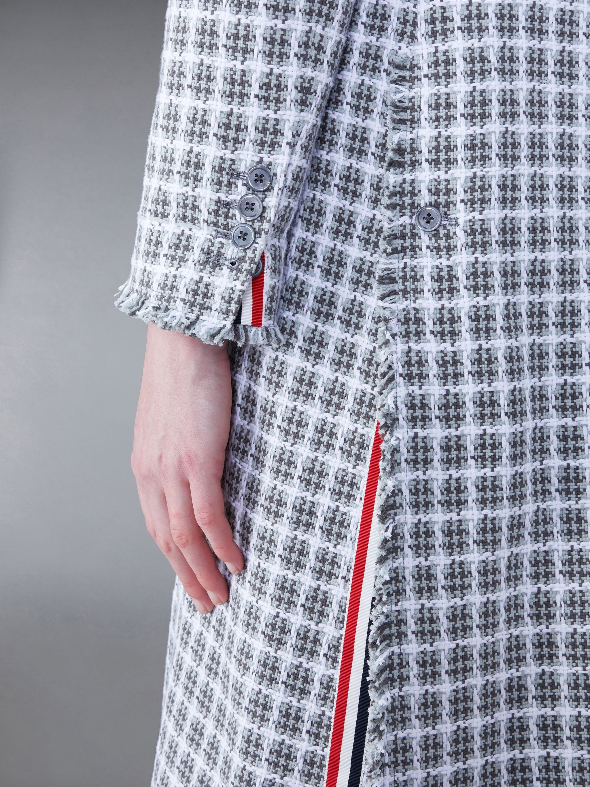 Check Summer Tweed Fray Wide Lapel Overcoat - 4