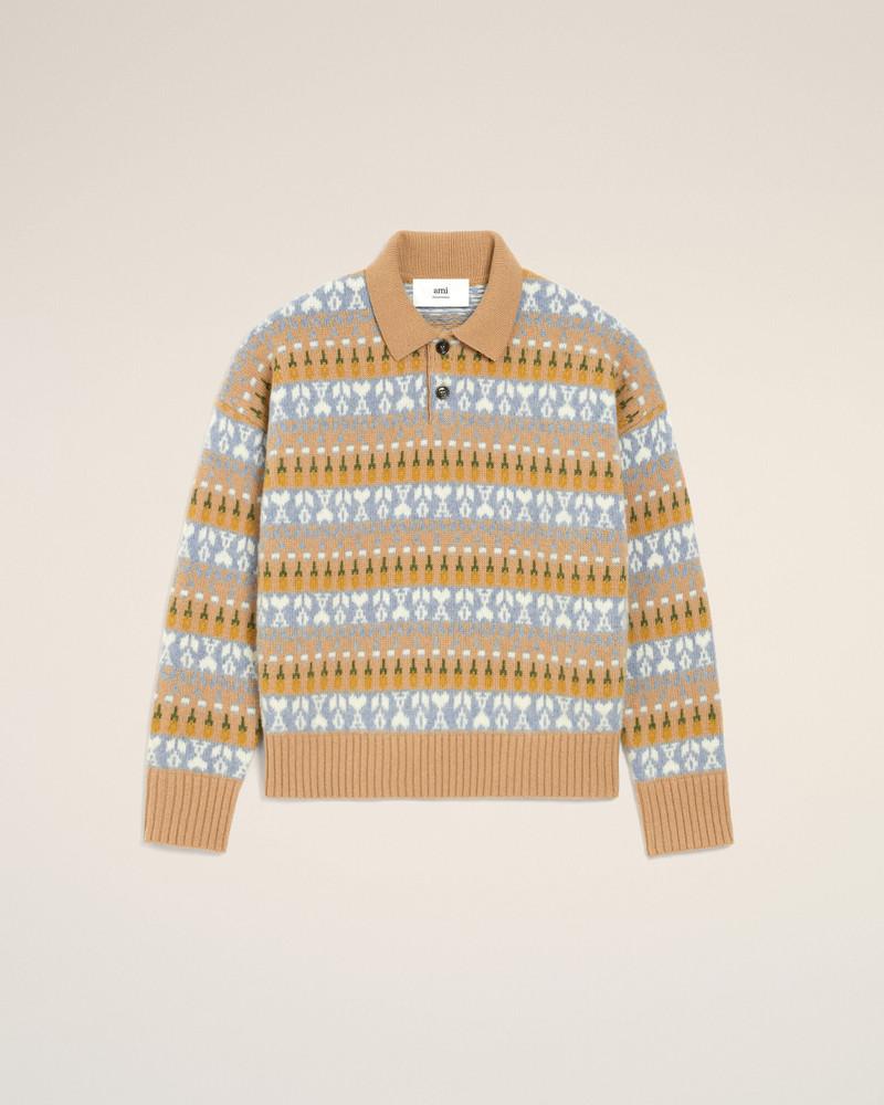 BROWN WOOL JACQUARD POLO SWEATER 1