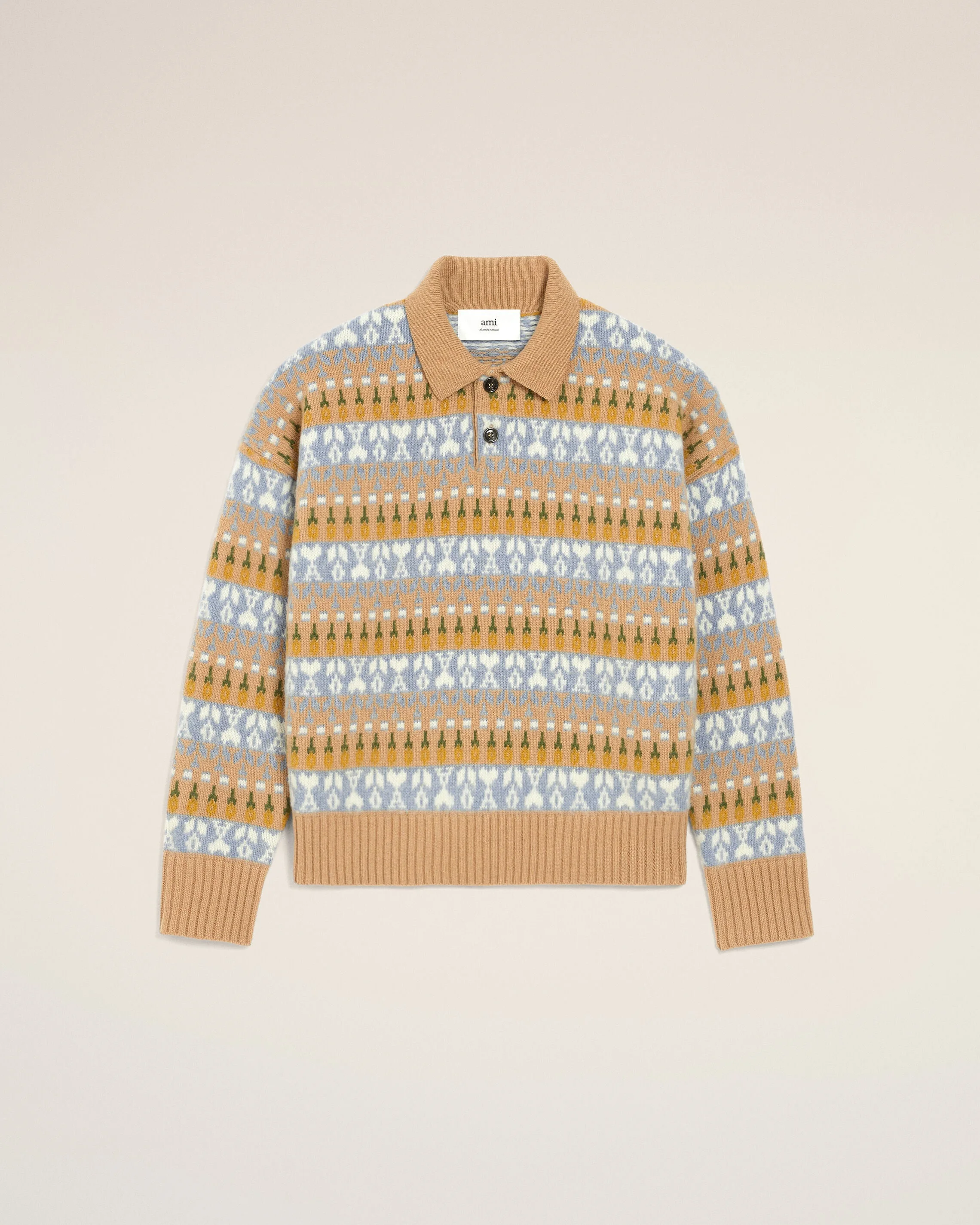 BROWN WOOL JACQUARD POLO SWEATER - 1