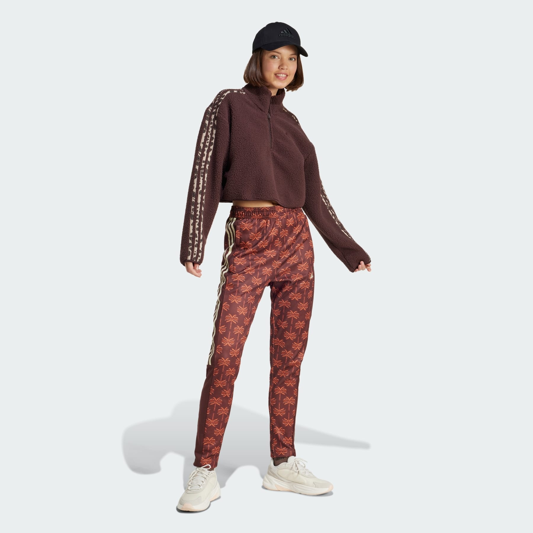 Essentials 3-Stripes Animal Print High Pile Cropped 1/4 Zip Top - 4
