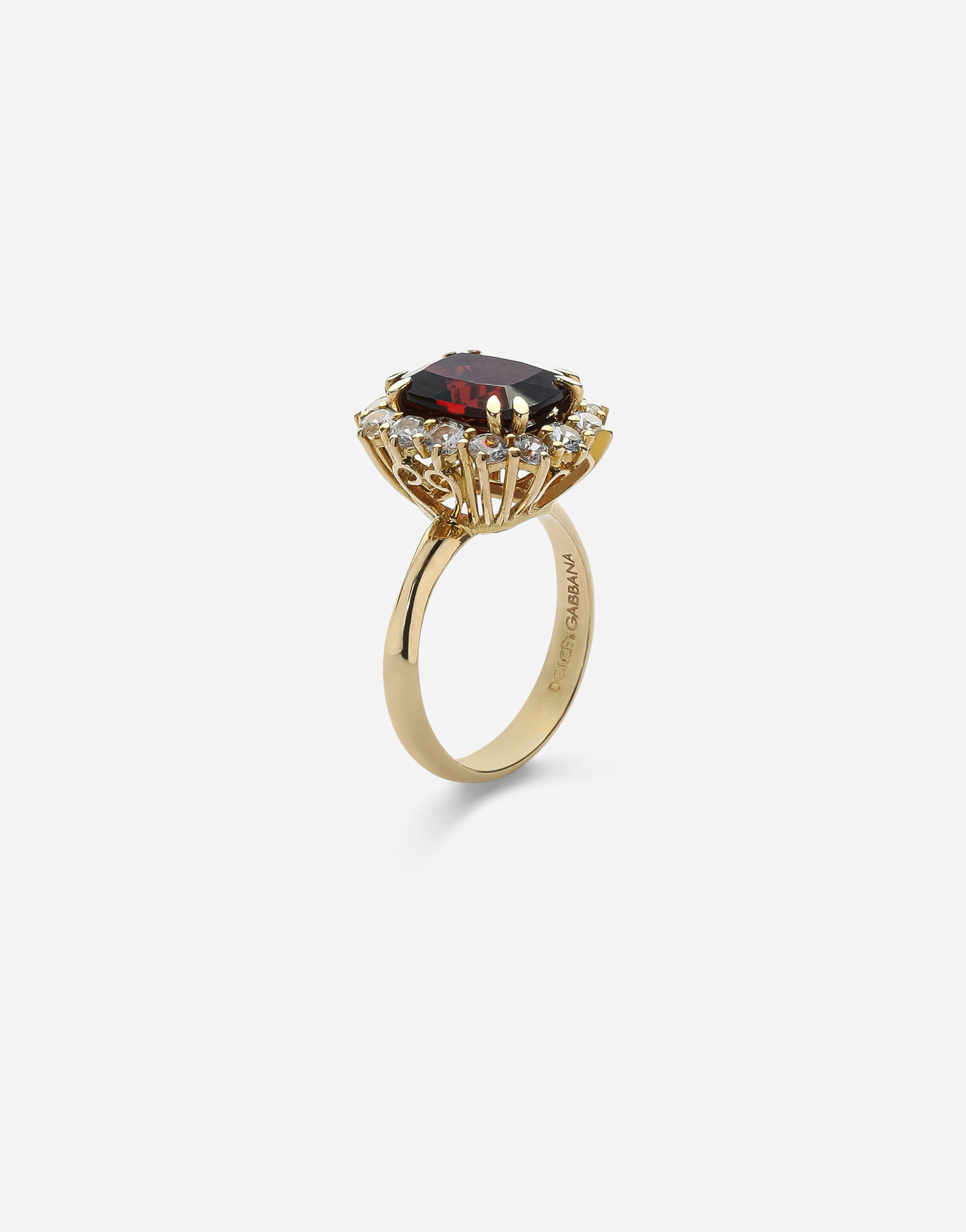 Gems Ring 18 carat yellow gold, red rhodolite garnet and colorless sapphires - 2