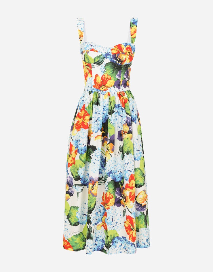 Hydrangea-print calf-length poplin dress - 3