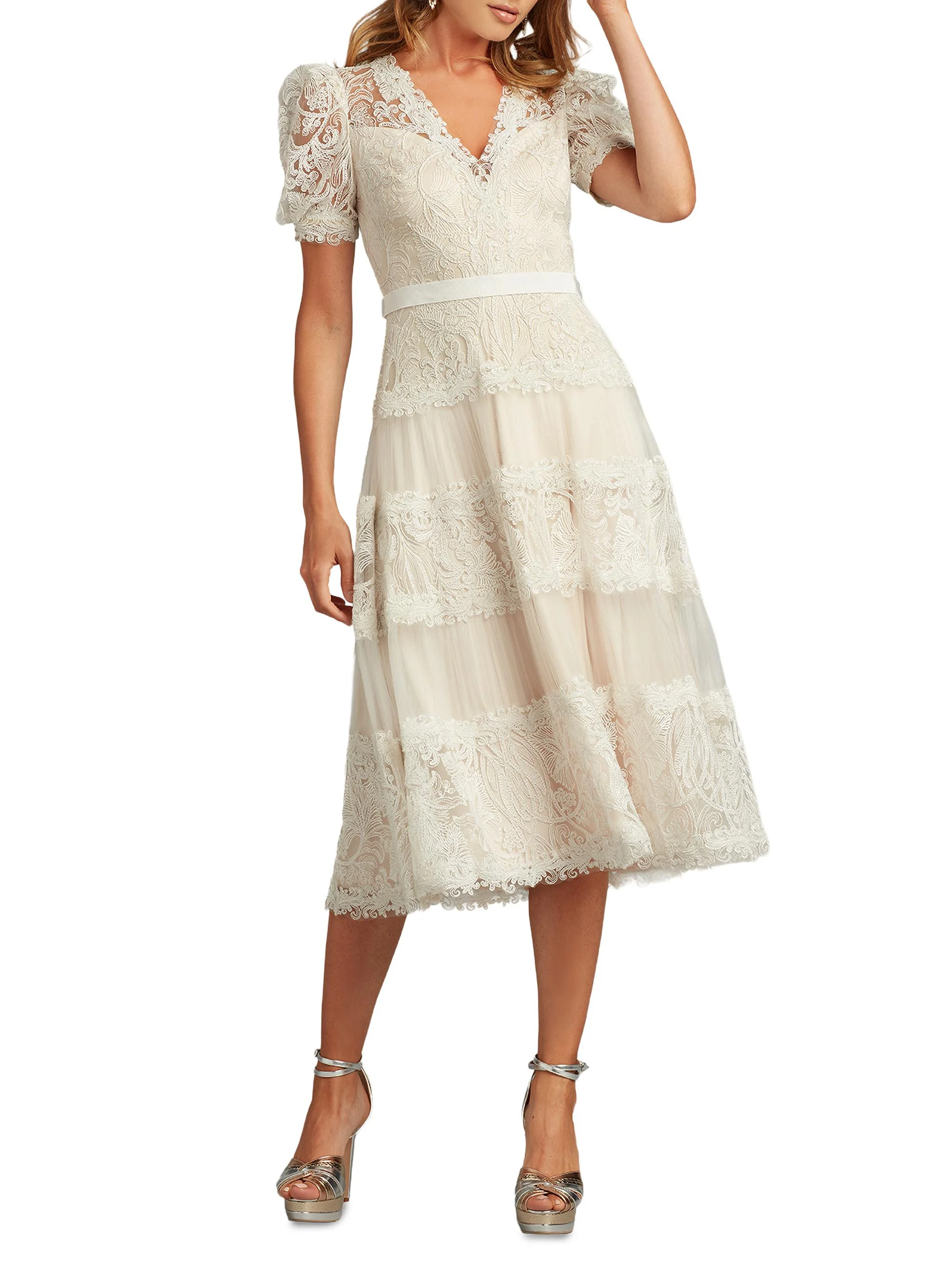 Women's Corded Lace V-Neck Midi-Dress - White Petal - 1