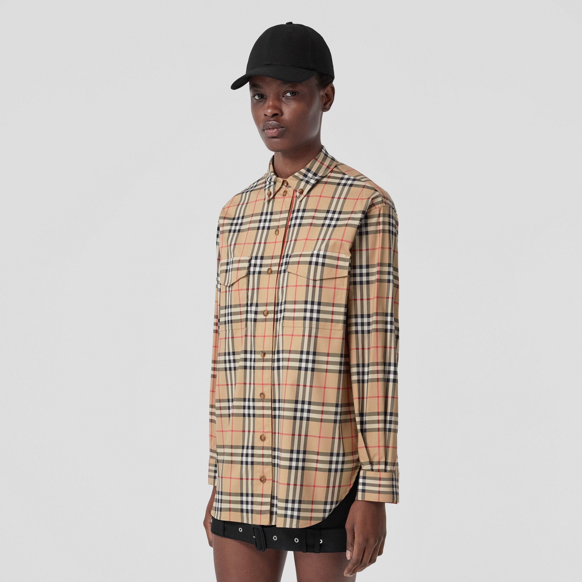 Vintage Check Stretch Cotton Oversized Shirt - 4