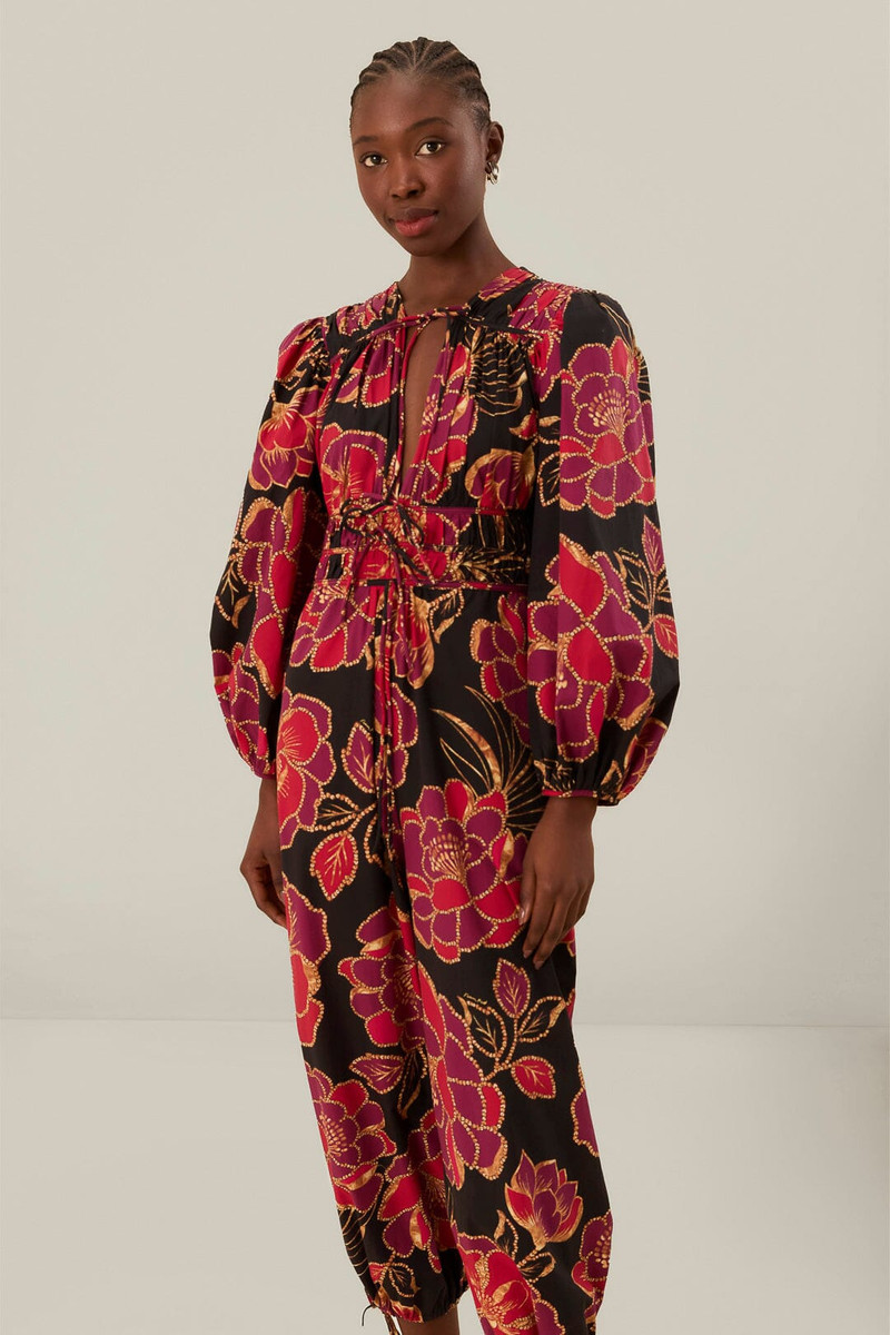 FARM RIO Black Shiny Chita Long Sleeve V Neckline Jumpsuit outlook