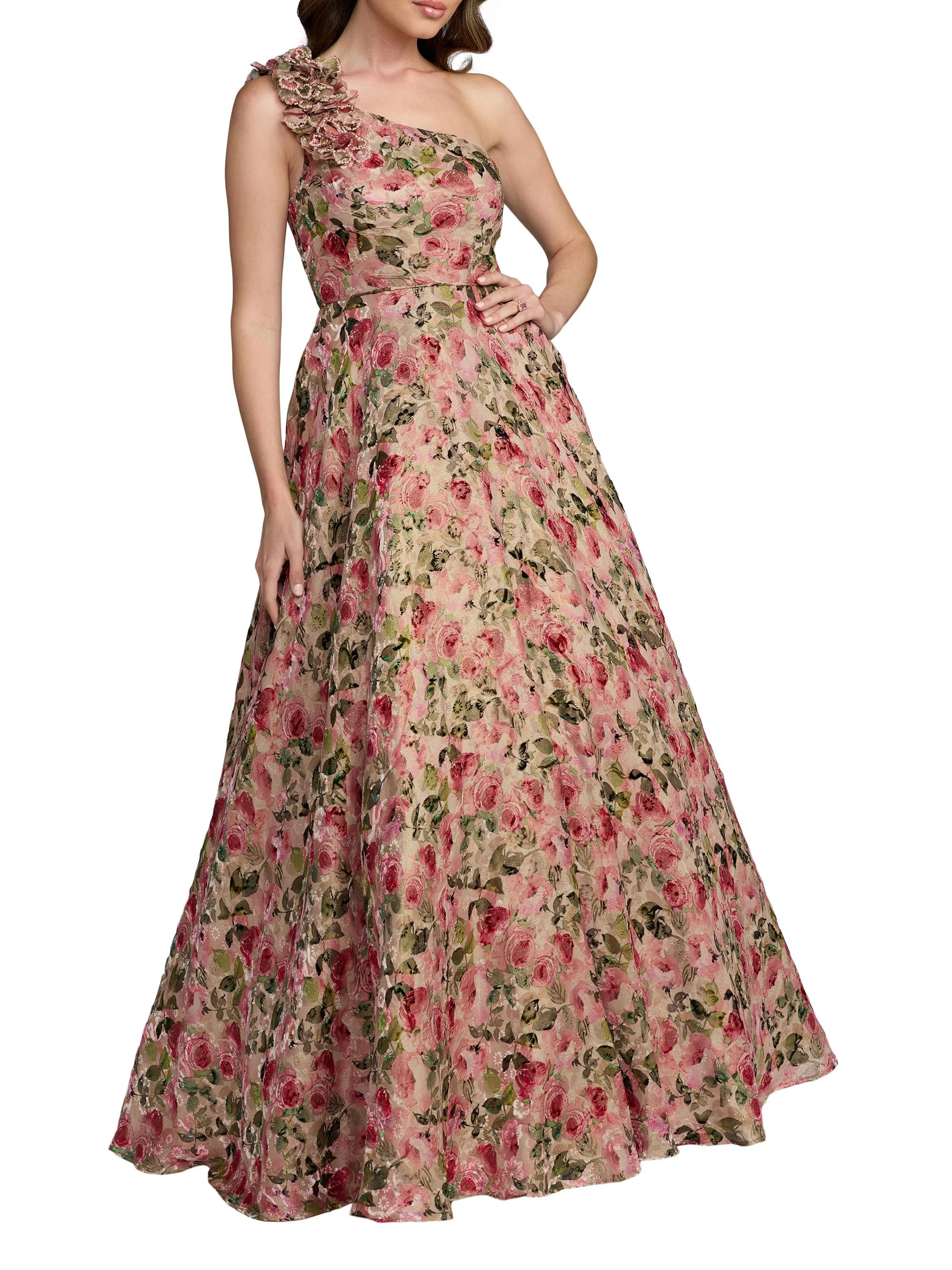 Women's Floral Organza Brocade One-Shoulder Gown - Pink Multi - 1