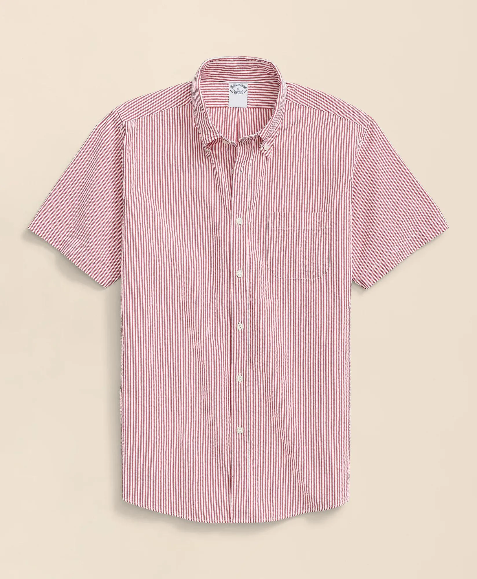 Washed Cotton Seersucker Button-Down Collar, Stripe Short-Sleeve Sport Shirt - 1