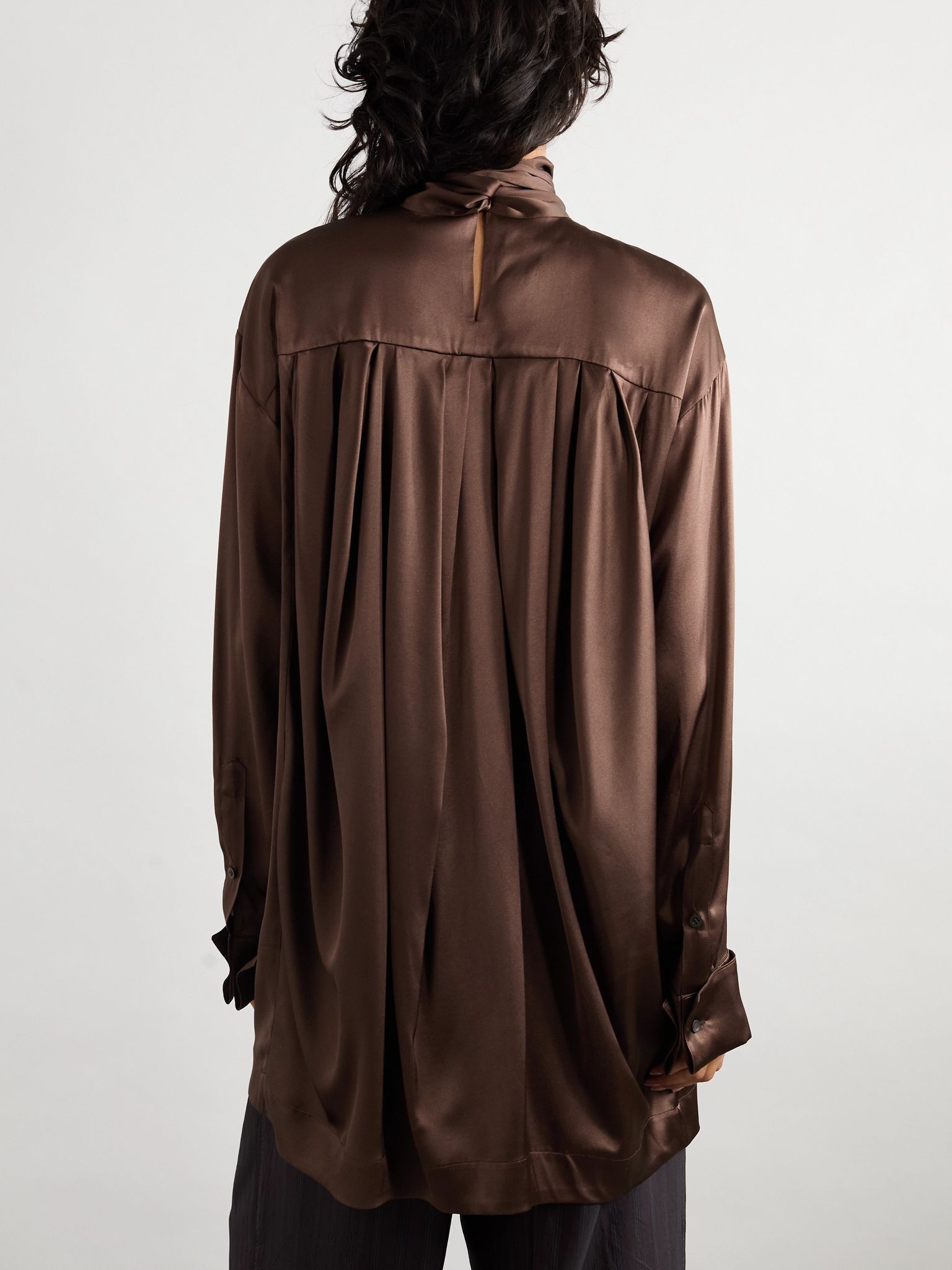 Pussy-bow silk-blend satin blouse Brown - 4