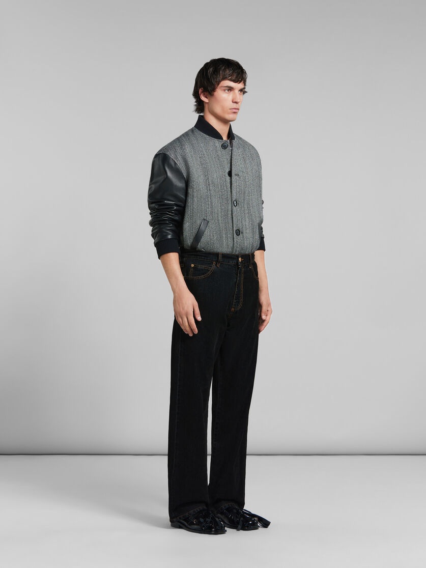 BLACK HERRINGBONE WOOL JACKET WITH LEATHER SLEEVES - 6