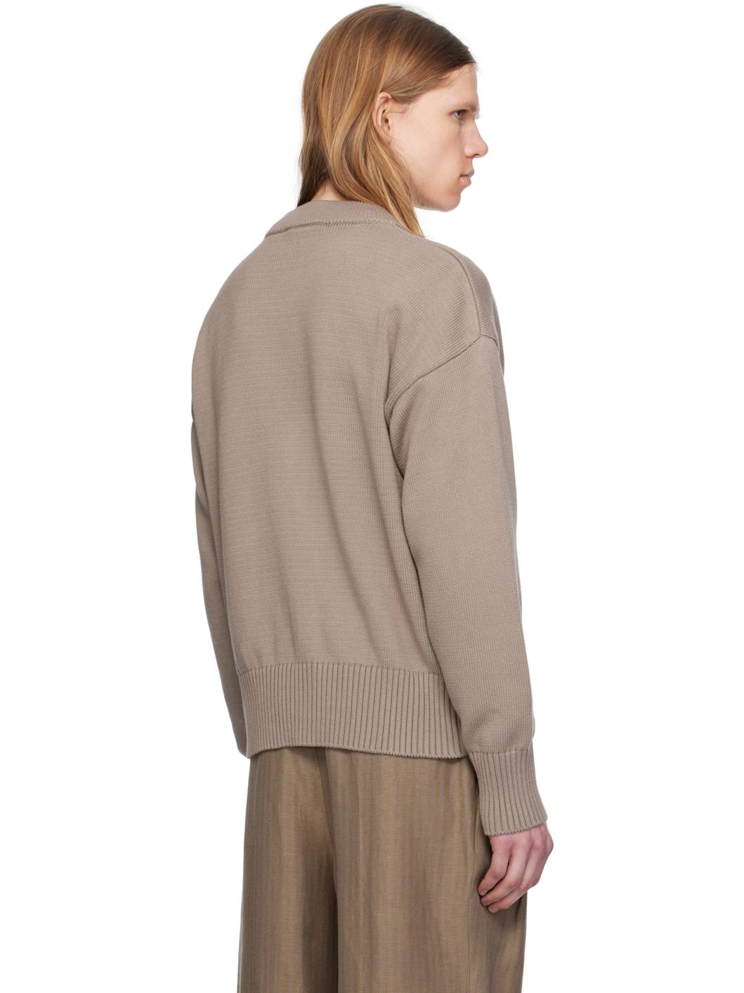 Taupe Cotton 'Ami' Embroidered Crewneck Sweater - 3
