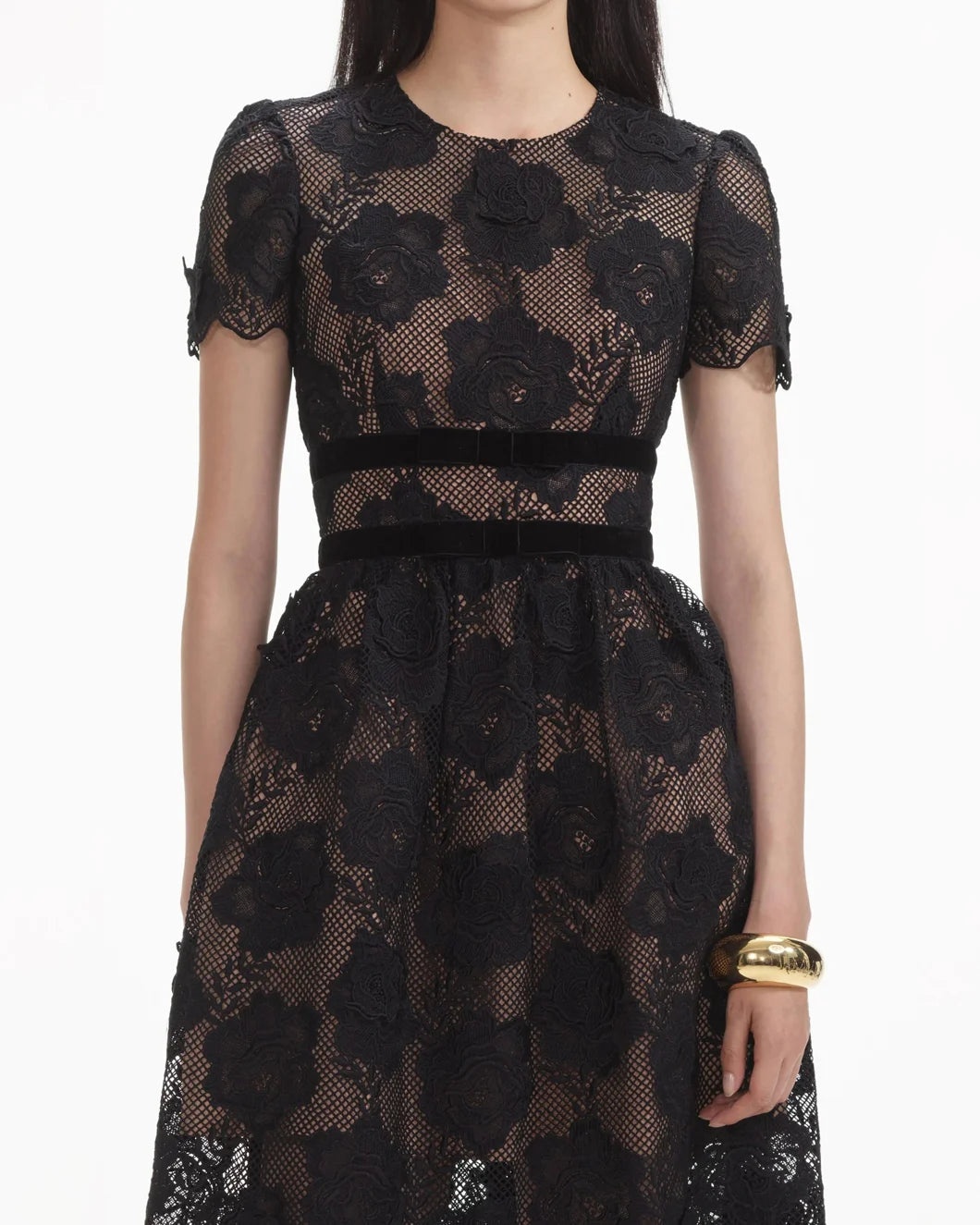 BLACK LACE VELVET BOW MIDI DRESS - 5