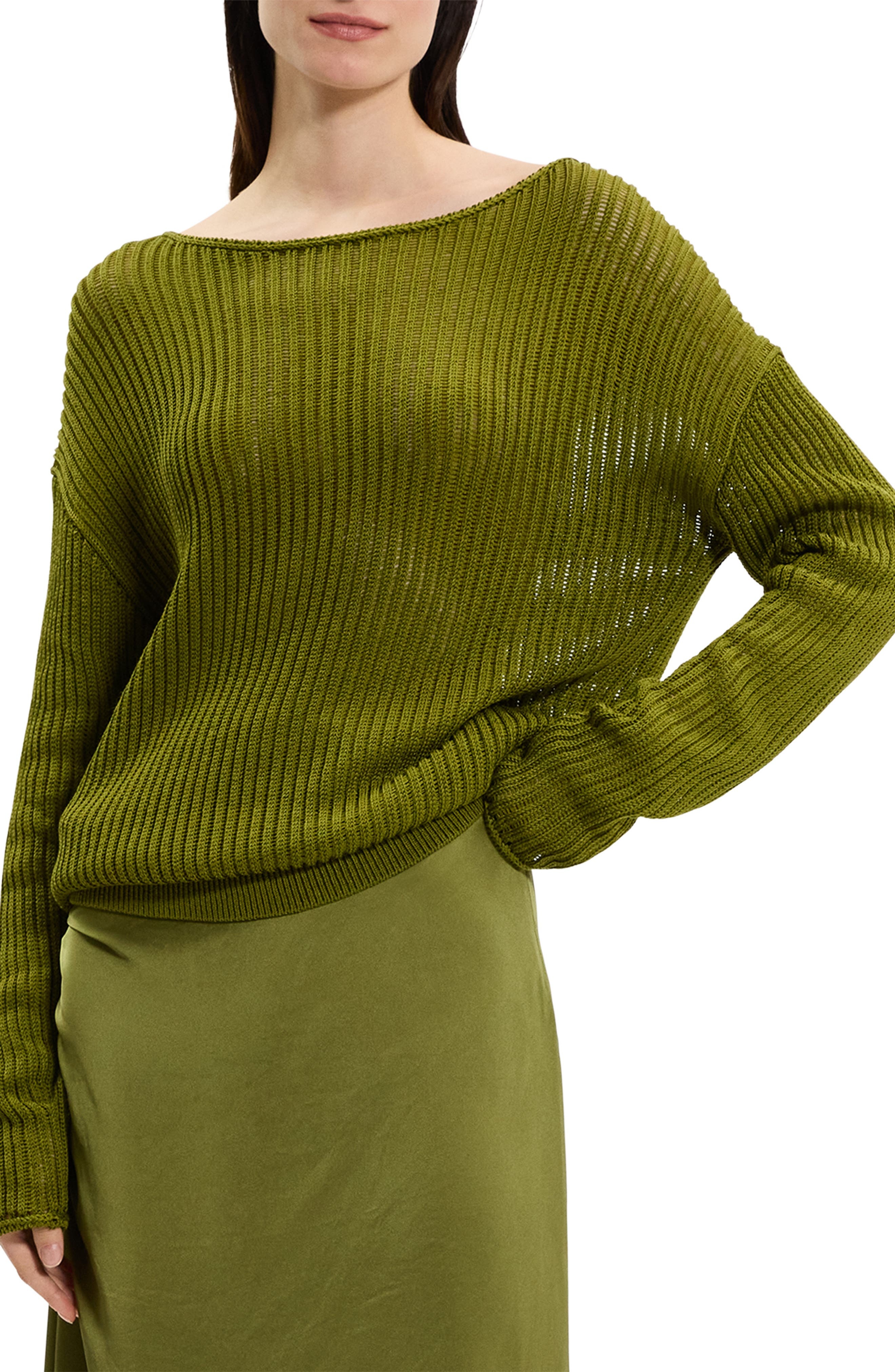 Theory Open Neck Pima Cotton Sweater in Avocado at Nordstrom - 1