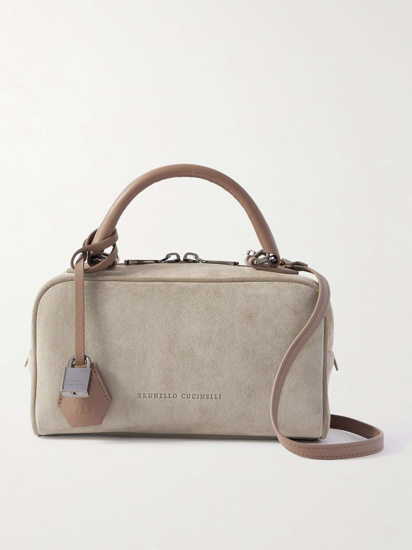 Leather-trimmed suede shoulder bag Gray - 1