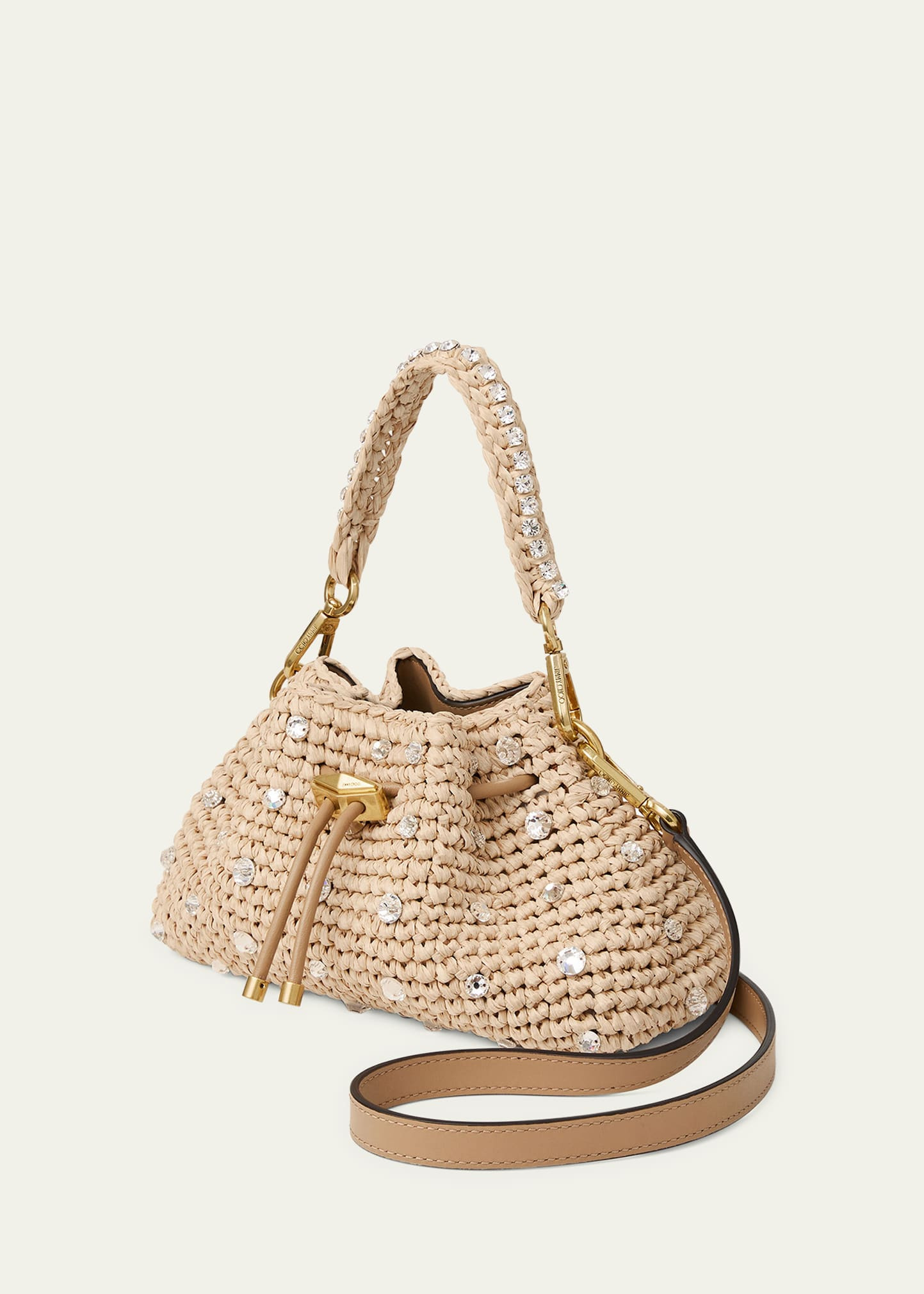 Cinch Small Crystal-Embellished Raffia Drawstring Top Handle Bag - 3