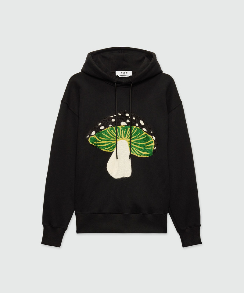 Black jersey hoodie with "I Love Mushrooms" patch and quote 1