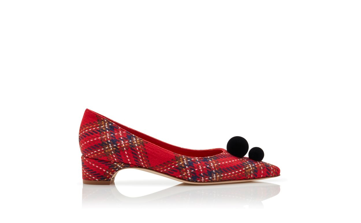 Red Wool Tartan Pom Pom Detail Pumps - 1