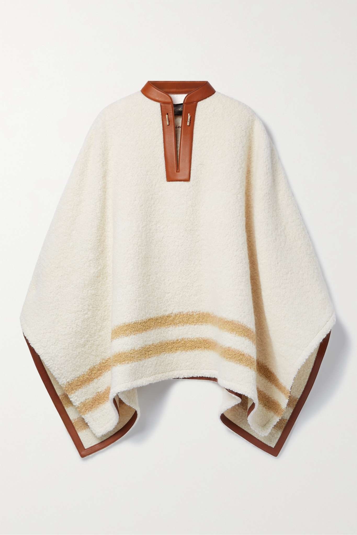 Leather-trimmed striped alpaca-blend bouclé poncho - 1