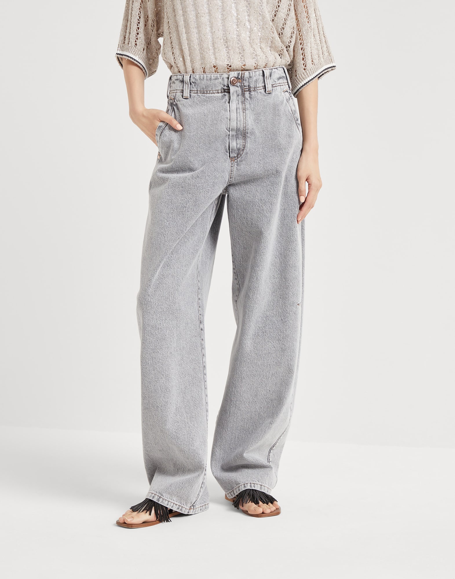 Authentic denim curved trousers with monili - 1