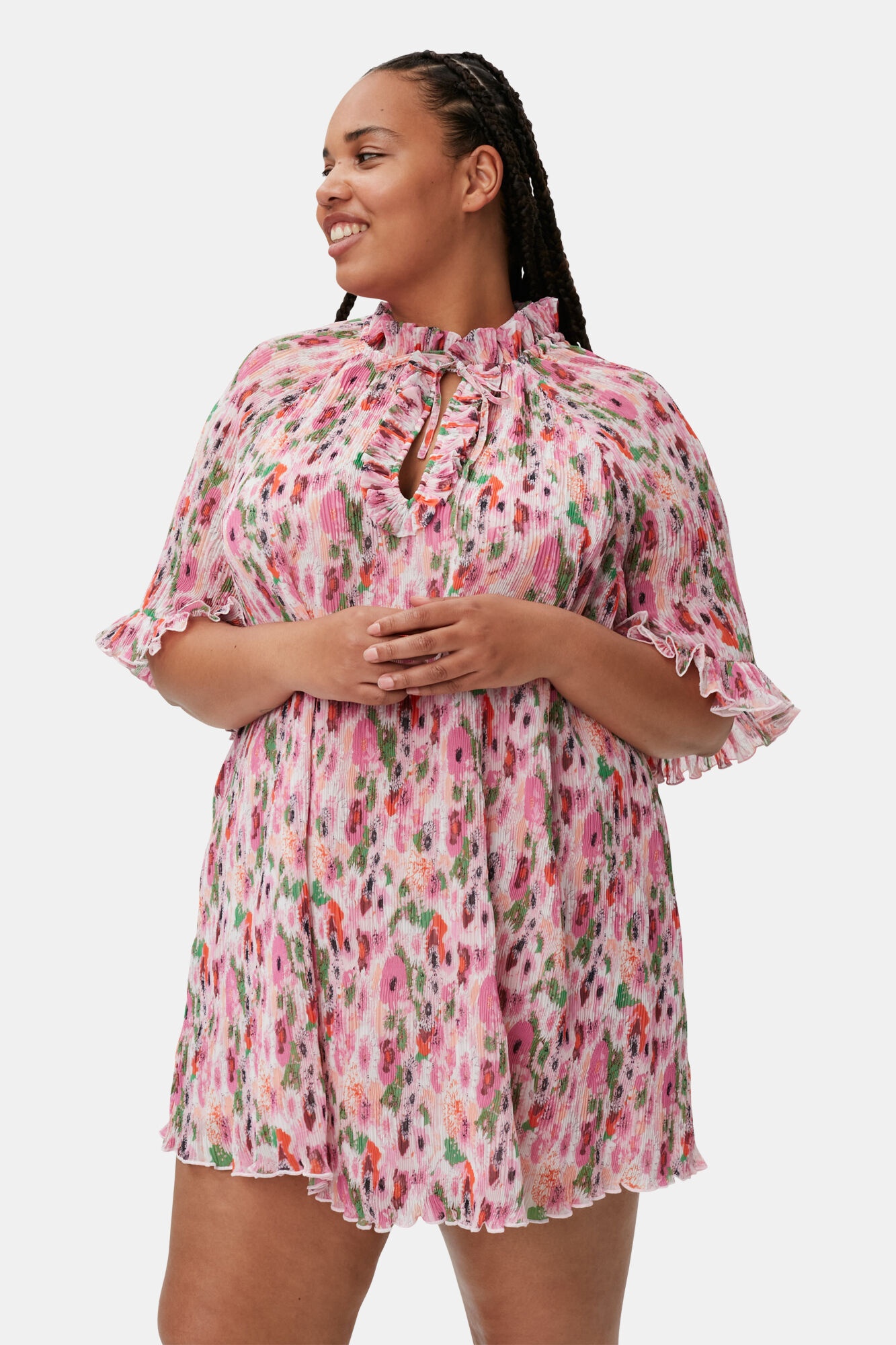 PLEATED GEORGETTE RUFFLE MINI DRESS - 4