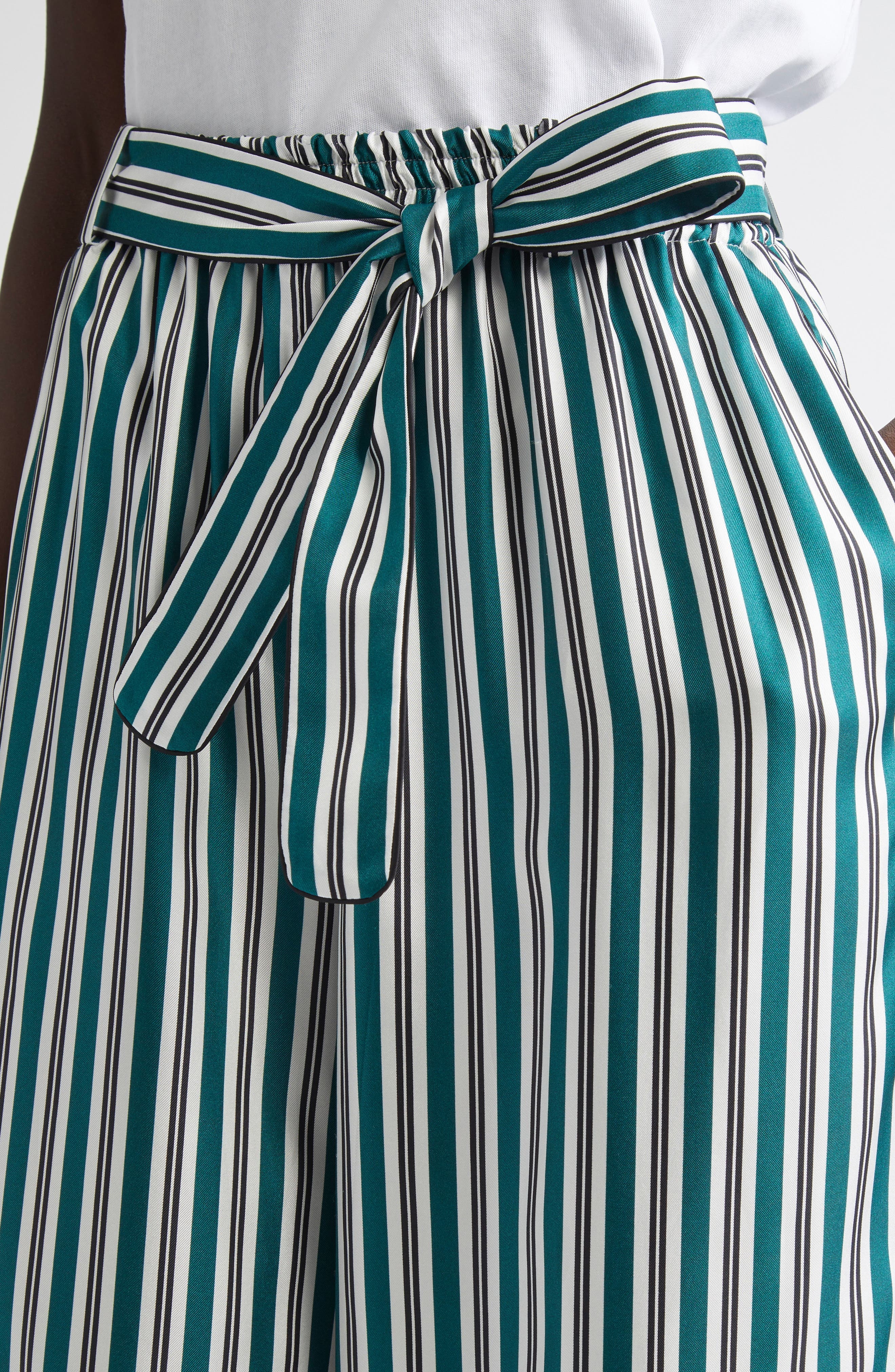 Max Mara Ladino Stripe Belted Wide Leg Silk Pants in Dark Green at Nordstrom - 5