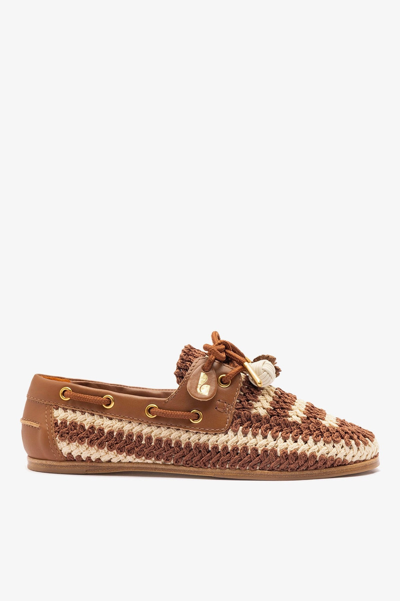 Cyprus Crochet Boat Shoe In Caramel and Ivory Crochet and Caramel Leather 1