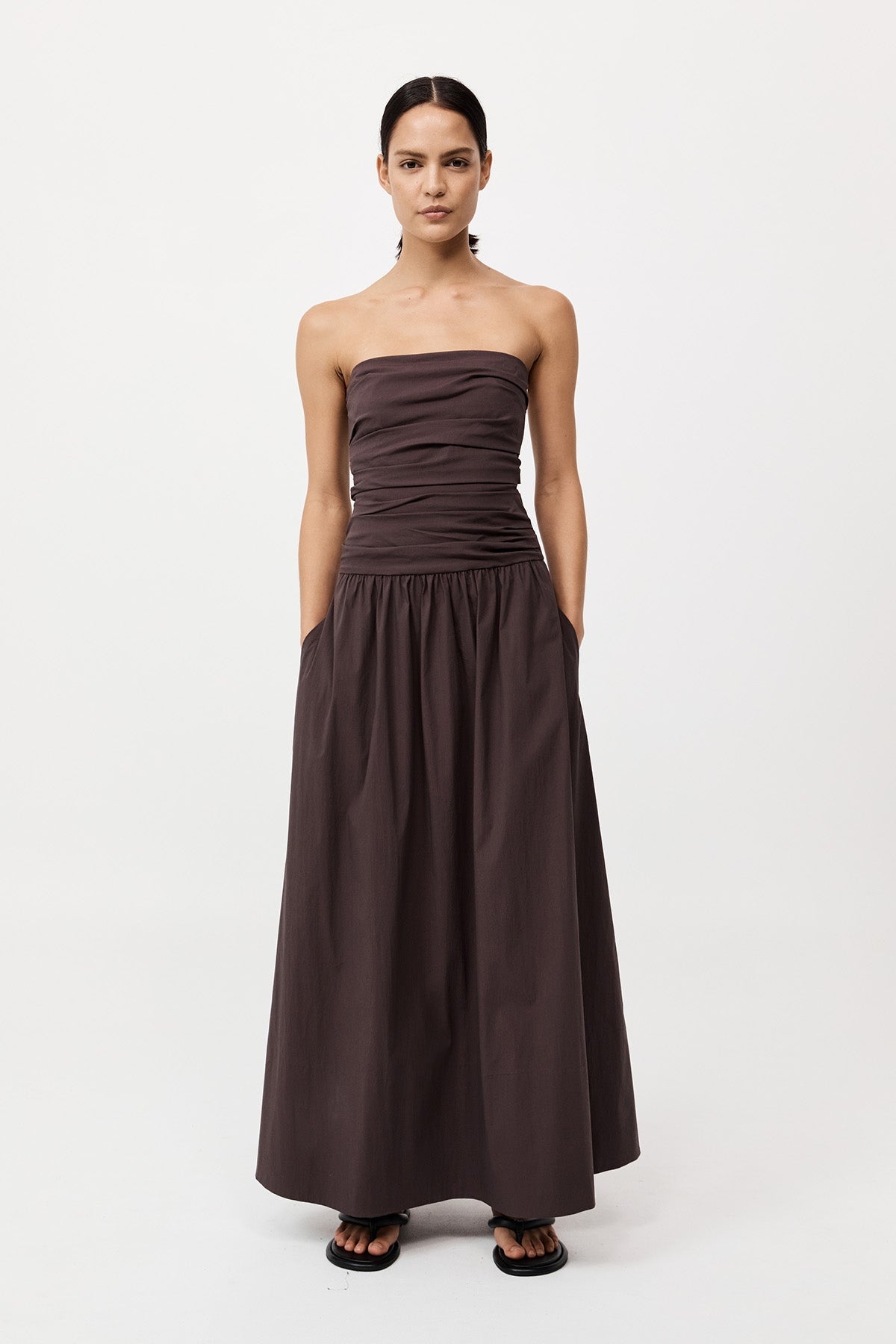 Gathered Strapless Tie Back Dress - Chocolate Plum - 2