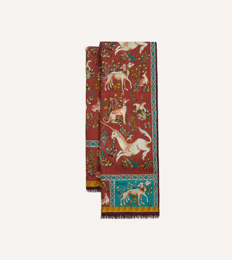 Red Unicorn Tile Print Wool-Silk Scarf 1