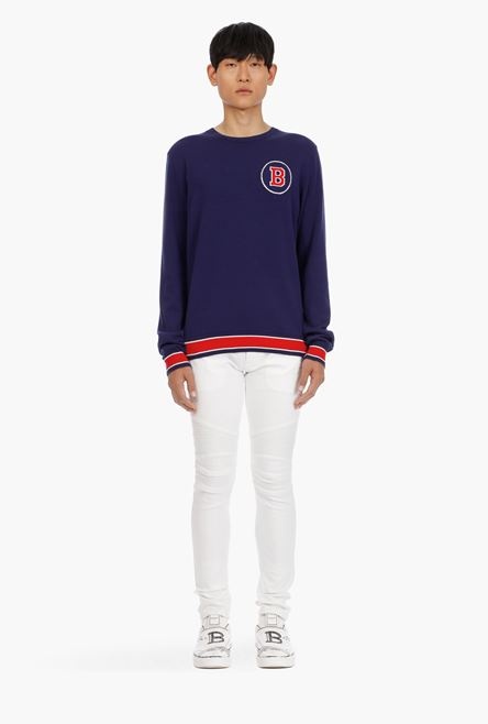 Navy blue cotton sweater with embroidered red and white Balmain logo - 4