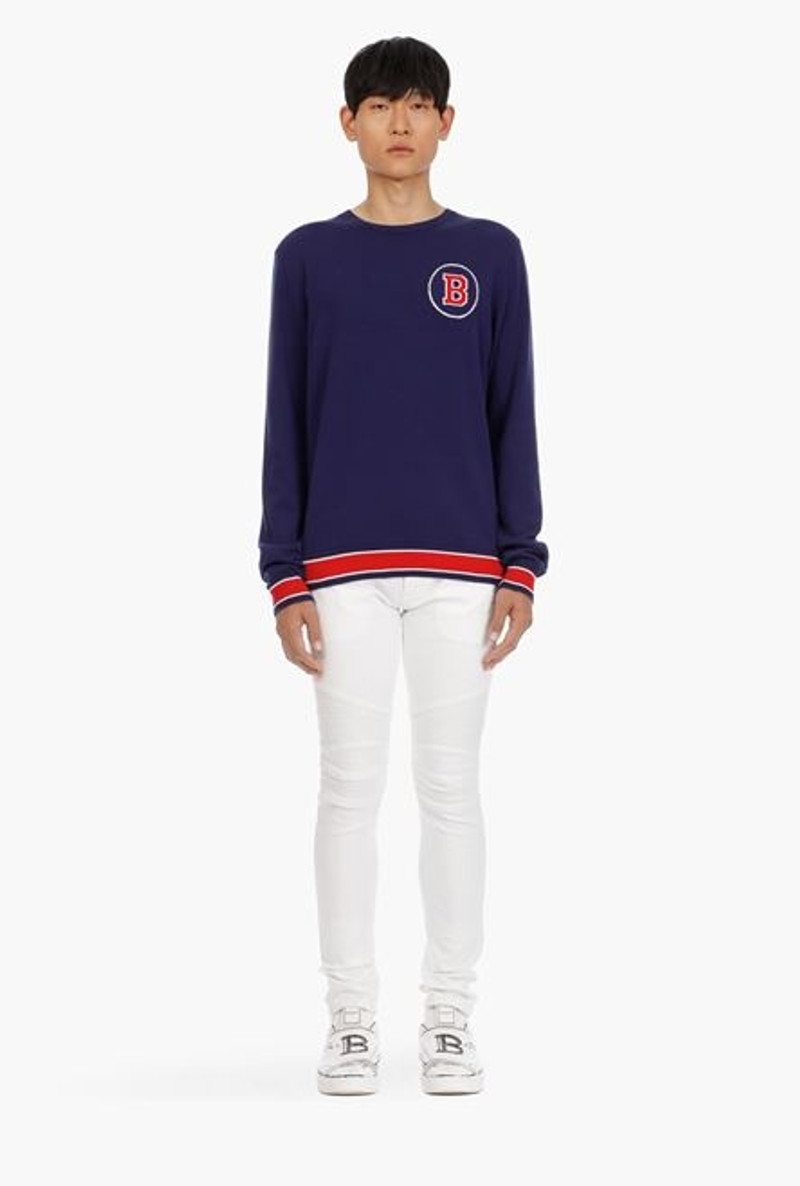 Navy blue cotton sweater with embroidered red and white Balmain logo 4