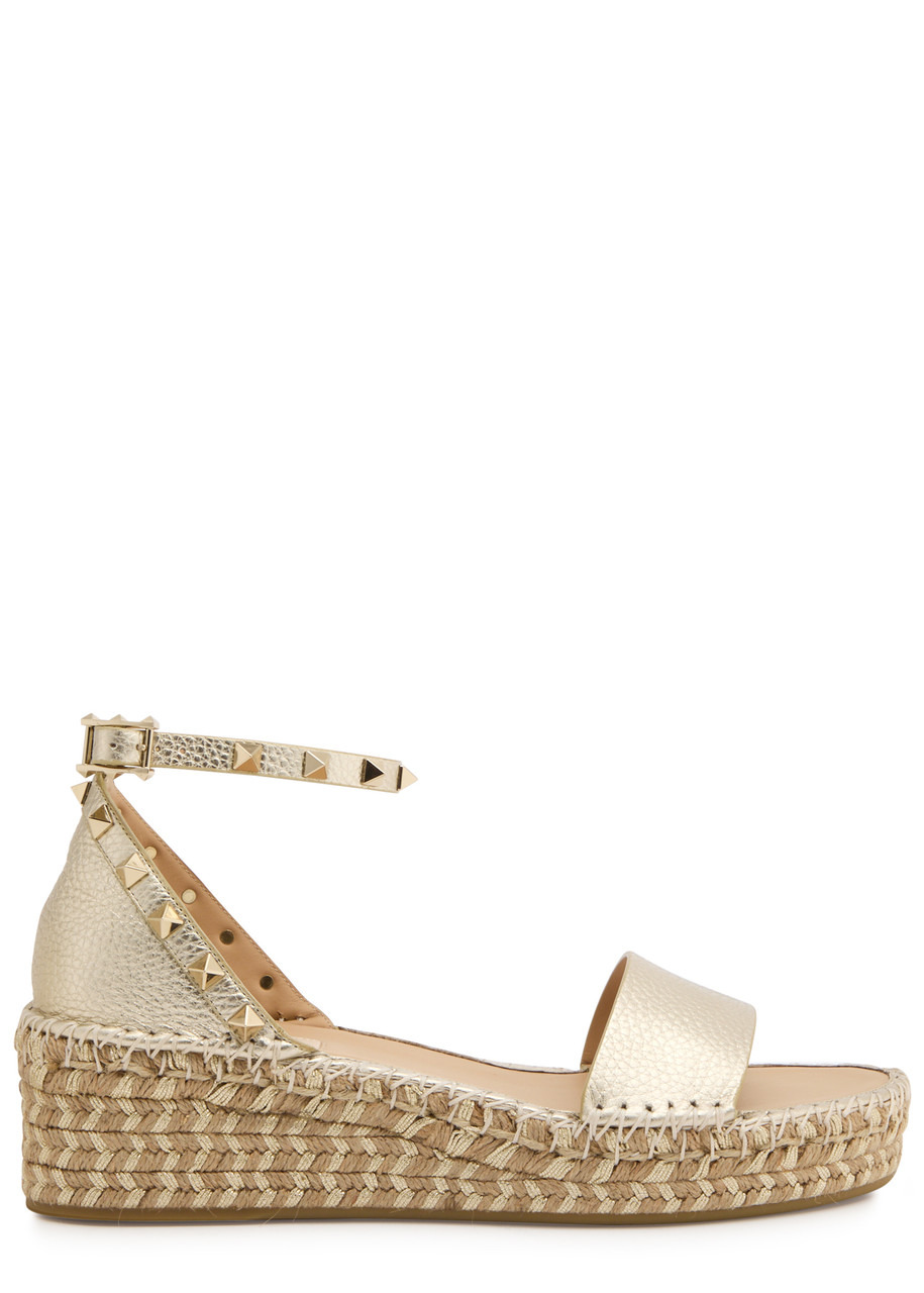 Valentino Rockstud 50 Metallic Leather Wedge Espadrilles - 1