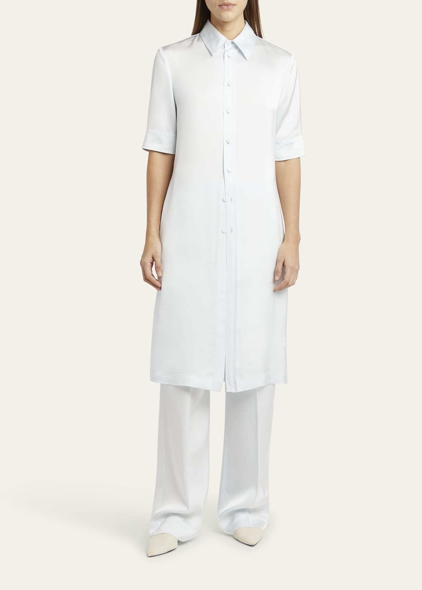 Short-Sleeve Long Fitted Button-Down Shirt - 2